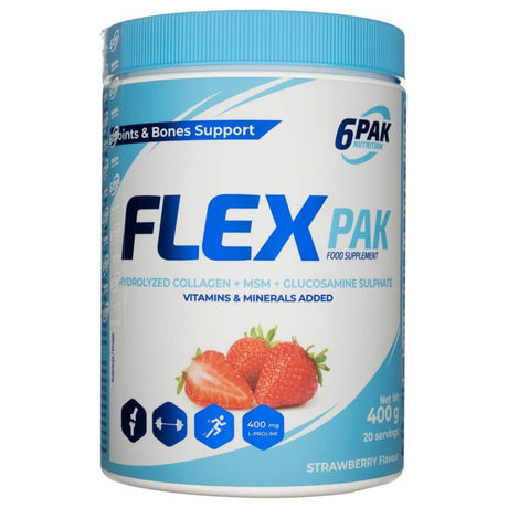 6PAK Flex Pak, Hydrolyzed Collagen + MSM + Glucosamine, Strawberry - 400 g