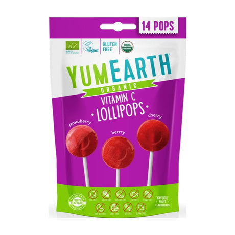 YumEarth Lollipops with Vitamin C Cherry, Strawberry and Raspberry - 14 Pieces